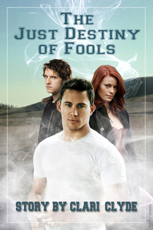 Image: The Just Destiny of Fools book cover with Marcus and Esca and Tess behind him.