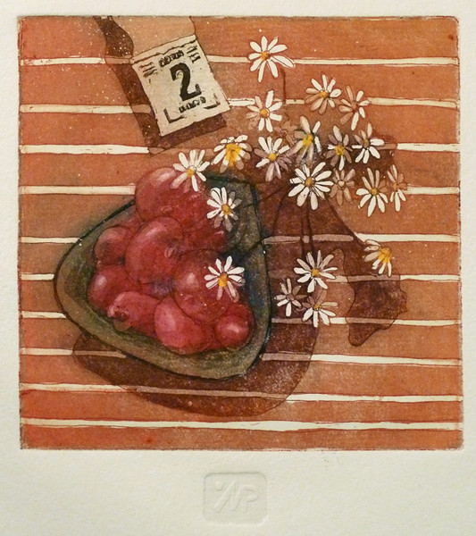 Still life with camomiles. etching, 13x13 cm., 2012.