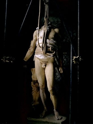 Headless or Martyred Marble. Roman copy of Polykleitos' Spear-Bearer at Hadrian's Villa, Tivoli, in restoration armature.