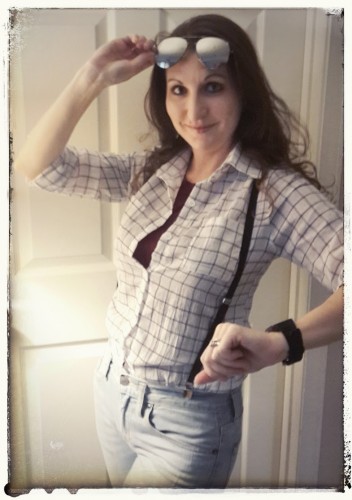 Me in my Marty McFly female cosplay in progress. (shirt, suspenders, jeans, watch but no denim jacket or puffer vest here.)