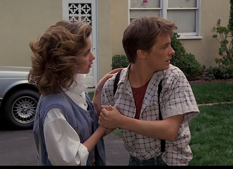 Marty McFly white and black windowpane shirt reference screenshot from Back to the Future.