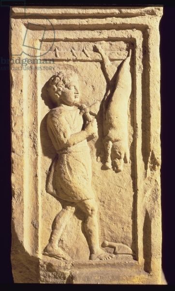 Slaughtering a pig, relief, detail from the stela of Cornelius Successus, Roman from Aquila (stone). Museo della Civilta Romana, Rome, Italy / Roger-Viollet, Paris / The Bridgeman Art Library