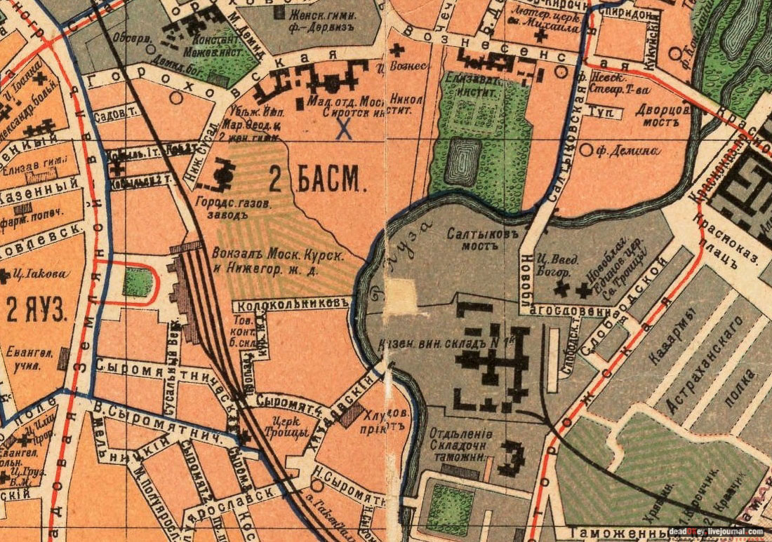 карта, Немецкая слобода, Басманный район, Москва, Яуза, усадьба Разумовского на Гороховом поле (г. Москва, ул. Казакова, д.18)