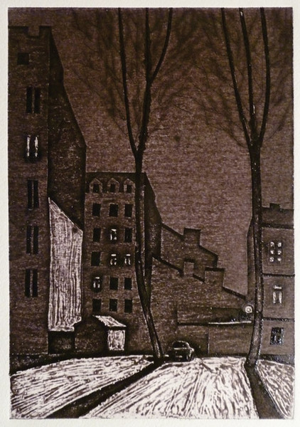 Frosty evening. engraving on cardboard, 15х26 сm., 2012.