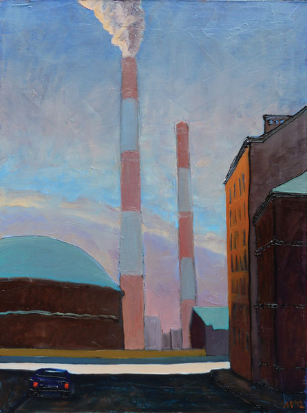 Gasholder in frosty morning. oil on canvas, 50x70 cm., 2012.