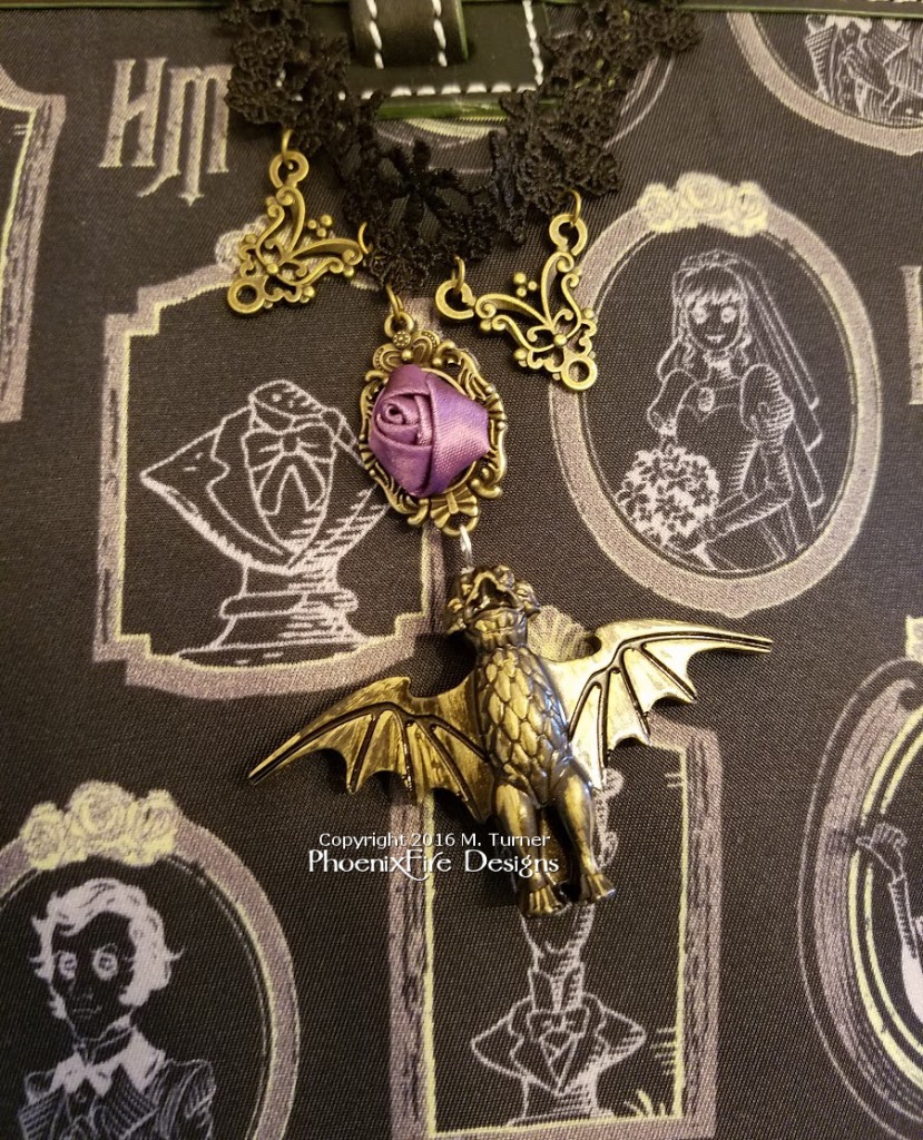 Bat stanchion necklace, handmade haunted mansion bat necklace, bat lace choker, black lace necklace, haunted mansion dapper day necklace, dapper day disneybound, haunted mansion maid costume, haunted mansion maid cosplay, dapper day haunted mansion bat necklace, PhoenixFire Designs on etsy.