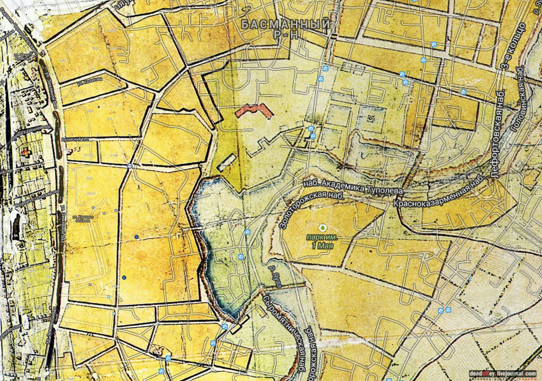 карта, Немецкая слобода, Басманный район, Москва, Яуза, усадьба Разумовского на Гороховом поле (г. Москва, ул. Казакова, д.18)