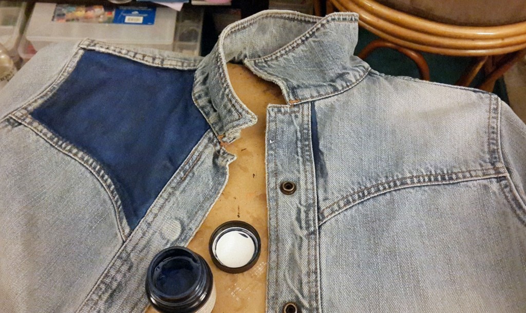 In progress as I modify a denim jacket to be my ladies version of the 1985 Marty McFly two-tone jean jacket.